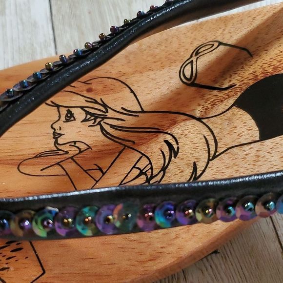 Beach Feet Wooden Sole Ariel Little Mermaid Sandals Flip Flops Sequins Size 9 - Picture 8 of 8